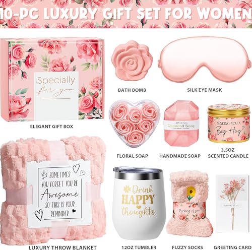 Birthday Gifts for Women Self Care Gift, Rose Spa Gift Baskets Bath Set Get Well Soon Care Package Christmas Mom Gifts for Women Sister Friend Wife Grandma Teacher Nurse w/ Blanket