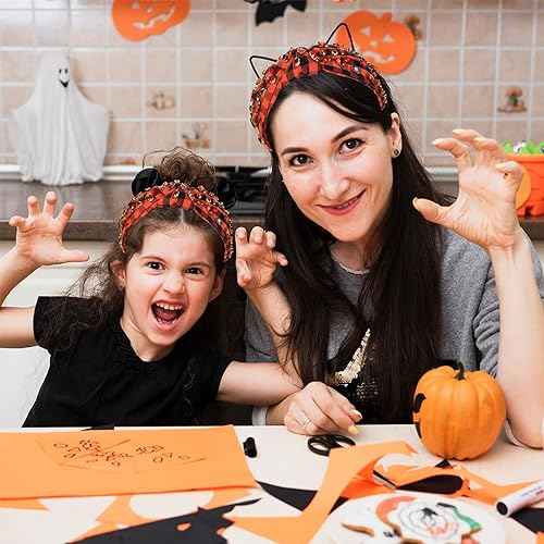 Halloween Headband for Women Rhinestone Crystal Knotted Headband Embellished Orange Black Plaid Top Knot Hairband Gothic Spooky Hair Accessories Outfits Costume Party Gifts (Halloween 1)