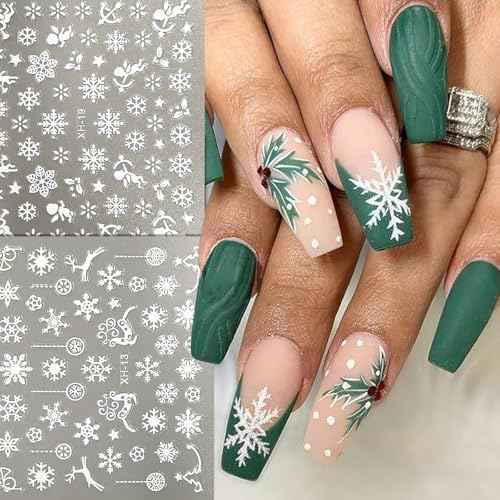 30 Sheets Christmas Snowflake Nail Stickers for Nail Art 3D Self-Adhesive Star Gift Bell Reindeer Nail Design Stickers White Nail Art Decals Winter Stickers Nail Supplies for Women Xmas Holiday DIY