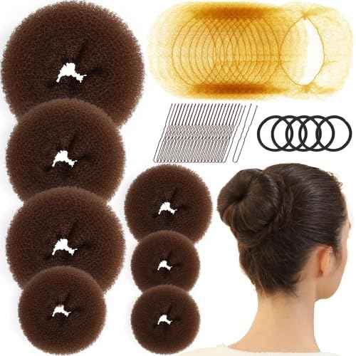 Fandamei Hair Bun Maker Set- 7 PCS Hair Donuts for Buns (1 Extra-large,2 Large,2 Medium and 2 Small), 10 Invisible Hair Nets for Buns, 20 PCS Bobby Pins, 5 PCS Hair Elastic Ties Black,Bun Maker