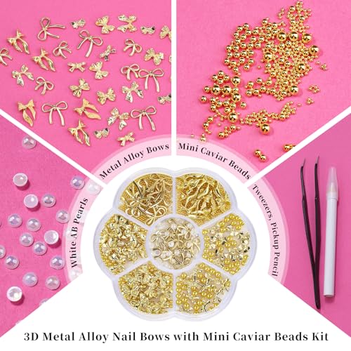 3D Metal Alloy Nail Bows Kit - Silver & Gold Bowknot Charms with 1-3mm Mini Caviar Beads, Tweezers, Pickup Pencil, Cute Nail Charms and Gems Jewelry in Petal-shaped Box (Gold-kit-1)