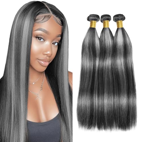 P1Bgrey Bundles Highlight Straight Human Hair Bundle 8A Grade Grey Hair Weave Two Tone Salt And Pepper 3 Bundles 22 22 22 Inch #1Bgray Ombre Straight Bundle