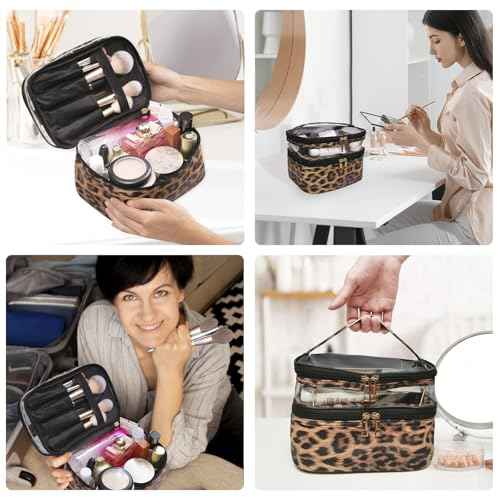 Double-layer Cosmetic Bag Makeup Bag Travel Makeup Bag Makeup Bags for Women Cosmetics Cases Portable Waterproof Foldable (Leopard)
