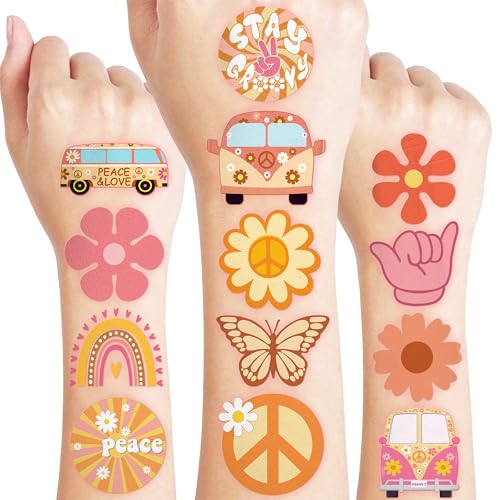 60PCS One Two Groovy 60s 70s Pre-Cut Temporary Tattoos for Kids Birthday Theme Party Supplies Decorations Favors Decor Super Cute Retro Hippie Rainbow Tattoo Stickers Gift for School Prizes Girls Boys
