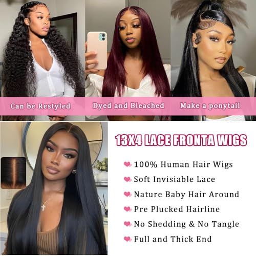 Straight Lace Front Human Hair Wig Pre Plucked 200 Density Glueless Natural Black Straight Wig Human Hair 13x4 HD Lace Frontal Wigs for Women (24 Inch)