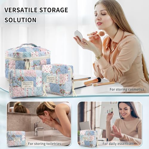 Cute Quilted Floral Makeup Bag(3Pcs)£¬Coquette Aesthetic Cosmetic Bag£¬Travel Toiletry Bags£¬ Kawaii Aesthetic pouch for Women (64-GridRose)
