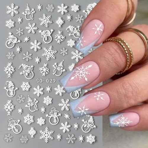 12 Sheets Snowflake Nail Art Stickers, 3D Self-Adhesive Winter Theme Nail Decals, Holographic Snowflake, Elk, Snowman, Christmas Tree etc Pattern Nail Art Design DIY Nail Decoration for Women Girls