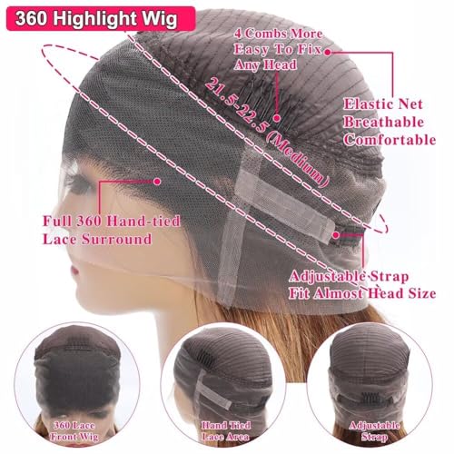 Highlight Ombre 360 Body Wave Lace Front Wigs Human Hair Pre Plucked with Baby Hair Honey Blonde 360 HD Lace Frontal Wigs Full Lace for Women 20inch