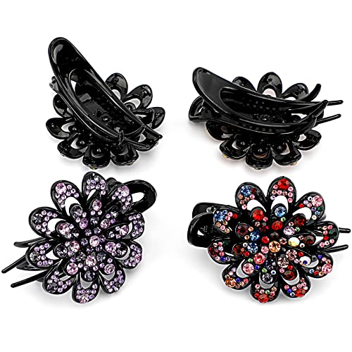 4Pcs Rhinestone Hair Claw Clips French Curved Duckbill Hair Clips Crystal Flower Barrettes for Women Girls Thick Long Hair