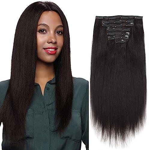 ABH AmazingBeauty Hair Yaki Straight Clip Hair Extensions Human Hair Real Remy Thick Yaki Clip in for African American Relaxed Hair 7 Pieces 120 Gram Per Set, 18 Inch