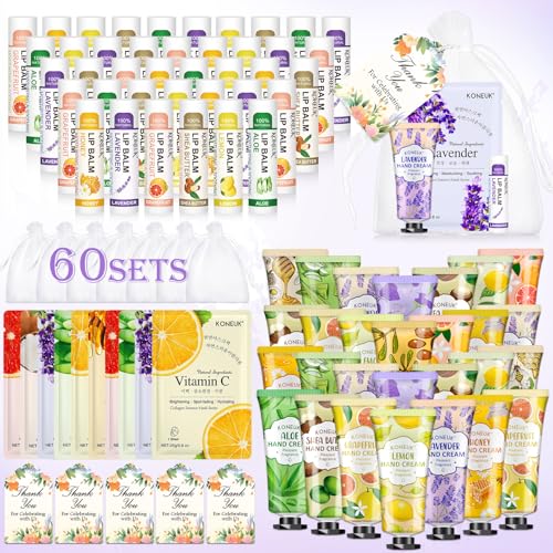 60 Pack Bulk Lip Balm, Facial Mask and Hand Cream Sets, Stocking Stuffers for Women, Christmas Gifts and Bridesmaid Gifts for Guests, Birthday Gifts, Adult Party Favors and Small Gifts for Women