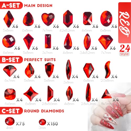 Red Nail Rhinestones 120 Multi Shapes Flatback Ruby Red Crystals Gems +SS10 SS16 Siam Red Round Beads K9 Glass Stones Diamonds Jewels Nail Art Supplies Nail Charms for Nails Faces Eyes Makeup Crafts
