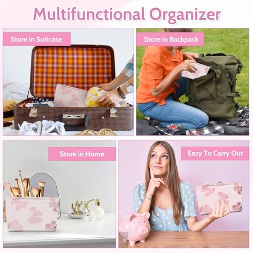 Makeup Bag Large Capacity Elegant Bow Preppy Cosmetic Bag Aesthetic Design Canvas Zipper Organizer Pouch Cute Roomy Pink Portable Toiletry Bag for Women Girls Travel Storage Accessories