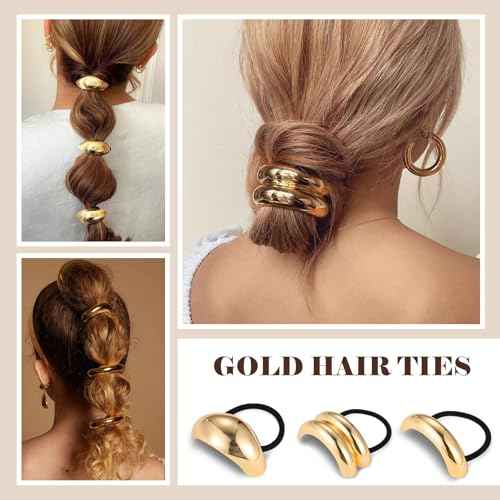 papasgix 3-Pack Metal Hair Ties - Gold & Silver Ponytail Hair Cuffs for Women (Gold Set 02)