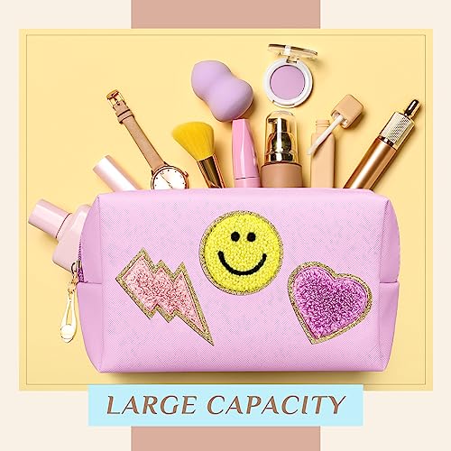 Silkfly 15 Pcs Preppy Patch Makeup Bag Bulk End of the Year Teacher Gifts Bulk Cosmetic Toiletry Bag Smile Lightning Heart PU Leather Portable Waterproof Makeup Cosmetic Purse for Women(Colorful)