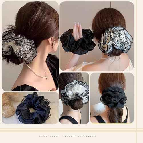 2 Pieces Lace Organza Scrunchies Large Hair accessories for Women girls Elegant lace hair ties ponytail thick curly hairs (Black)