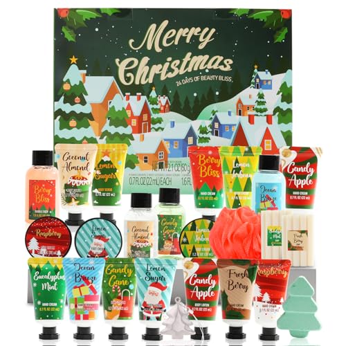 2025 Limited Edition Advent Calendar Christmas Hand Cream Gifts Sets for Women, 24pcs Spa Gift Set, Bubble Bath, Body Scrub, Shower Gel, Body Lotion, Soap, Loofah, Christmas tree bath bomb