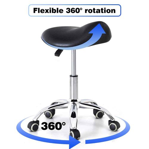 CAISHI Saddle Stool with Wheels, Ergonomic Rolling Height Adjustable Chair for Medical Clinic Dental Tattoo Hair Stylist Salon Facial Nail Artist Spa, Swivel Pu Leather Stool,Black