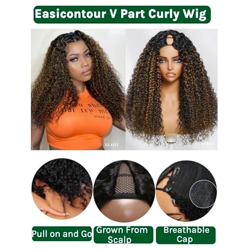 KLAIYI Ombre Brown Curly V Part Human Hair Upgrade U Part Wig with Dark Roots Glueless Highlight Balayage Clip in Half Wig No Glue No Lace No Leave Out 3S Ready to Wear and Go Beginner Friendly 14Inch