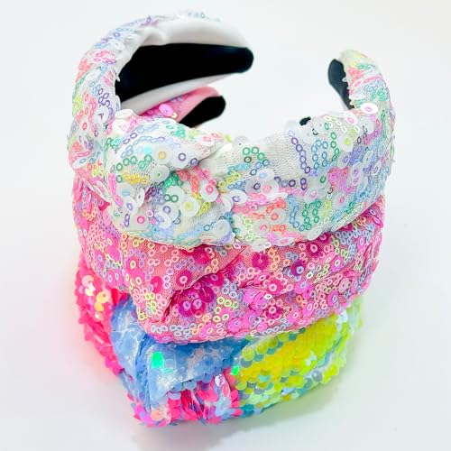 XIMA 3 PCS Sequin Headbands for Women and Girls Neon Rainbow Sparkle Statement Top Knot Holiday Hairbands Hair Accessories for Kids Girls Women