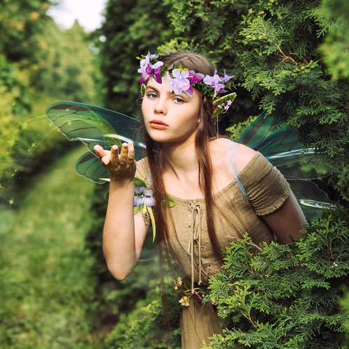 Renaissance Mushroom Elf Ears with Crown - Flower Butterfly Headpiece Soft Elven Fairy Ears and Woodland Floral Headpiece for Women Christmas Renfaire Halloween Cosplay Bridal Party Photo Shoot Props