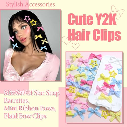 Mini Bow Hair Clips Star Clip Non Slip Checkered Bow Barrettes Cute Star Snap Barrettes Bowknot Hairpins Kawaii School Bows Y2k Hair Accessories For Women Girls School Prom Party 36 Pcs