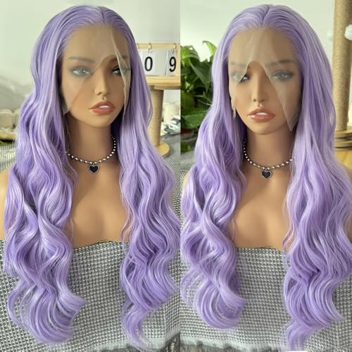 RONGDUOYI Lavender Body Wave Lace Front Wig Synthetic Hair For Women Ready To Wear Glueless Light Purple Wig Heat Resistnt Natural Hairline Long Hair Cosplay 24Inches