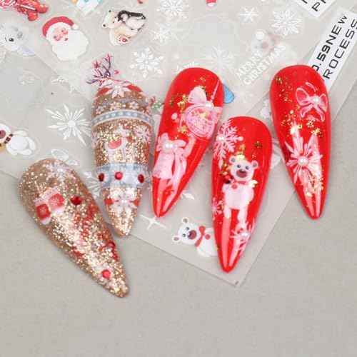 Christmas Nail Art Stickers 3D Snowflake Snowman Nail Stickers 6PCS Santa Claus Bear Elk Winter Christmas Adhesive Decals New Year Design Slider Nail Art Supplies for Xmas Manicure Nail Decorations