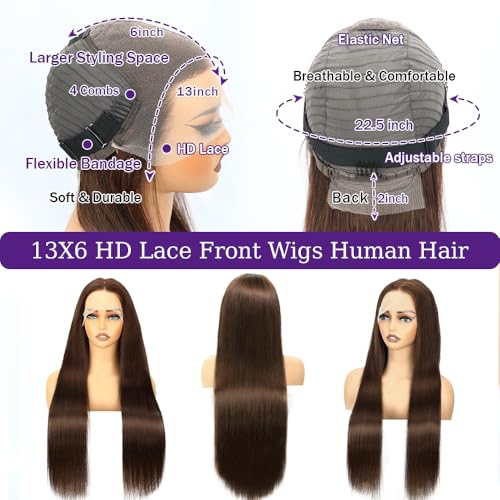 22 Inch Brown Wig Human Hair 200 Density 13x6 Transparent HD Straight Lace Front Wigs Human Hair Pre Plucked Colored Frontal Wigs Human Hair Chocolate Brown Wig Human Hair Wigs for Women