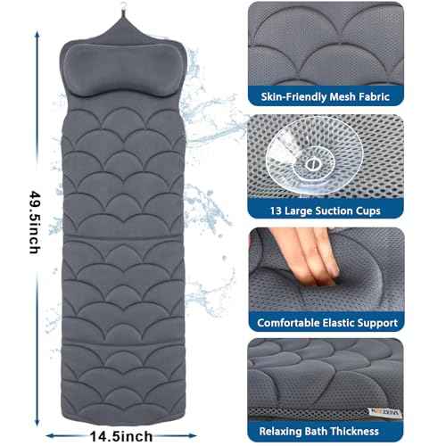REEZEIVI Full Body Bath Pillow,Thick Bathtub Cushion with Laundry Bag,Bath Pillow with 13 Non-Slip Suction Cups,Soft 3D Mesh Fabric,Bathtub Cushion for Headrest Neck and Back Support (Gray)