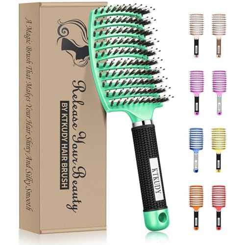 KTKUDY Detangling Brush Boar Bristles Hairbrush Make Hair Shiny & Healthier Curved and Vented Detangler Brush for Women Men Kids Wet & Dry Hair (Light green)