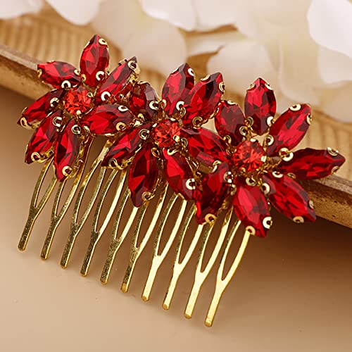Crystal Flower Hair Comb for Women Girls Prom Crystals Hair Comb Wedding Headpiece for Bride Bridemaid Flower Girls RED