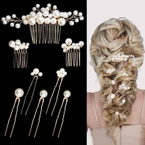 8 Pcs Pearl Hair Combs Set Wedding Bridal Rhinestone Hair Pins for Bridesmaids Brides Flower Girls Hair Accessories