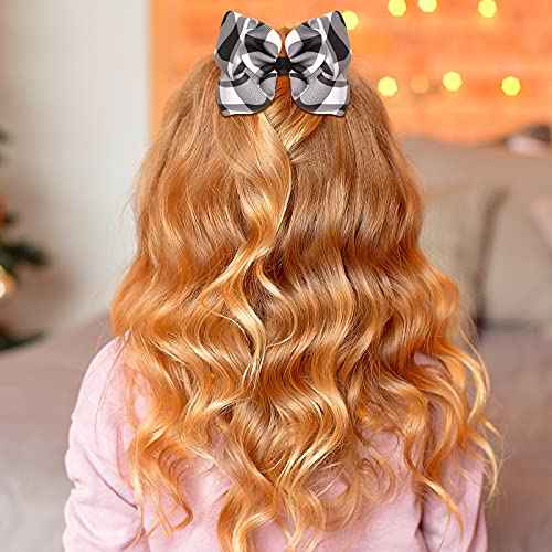 Syhood 2 Pieces Hair Bows 6.3 inch Large Buffalo Plaid Hair Alligator Clips Gingham Hairpin for Christmas Accessories(Black White Plaid)