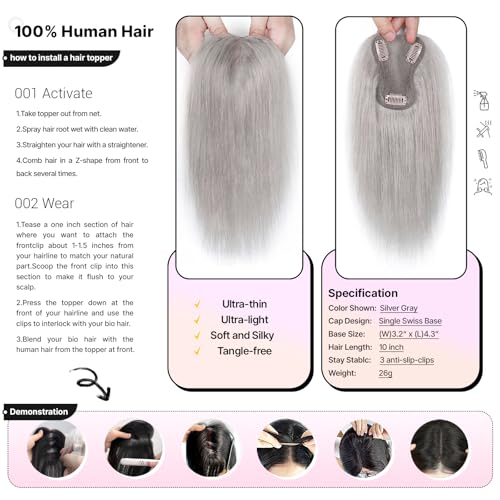 Light Gray Hair Toppers for Women Real Human Hair, 360¡Æ 3D Human Hair with Thinning Hair, Clip in, No Bangs Straight, Swiss Base for Daily 10 Inch (#Light Gray)