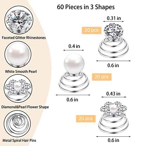 60 PCS 3 Shapes Gems Rhinestone Twister Hair Studs Set Diamond Spiral Pearl Flower Jewels Hair Pins Sticks for Wedding, Bridal, Prom, Party and Special Occasion (Diamond&Pearl&Flower)