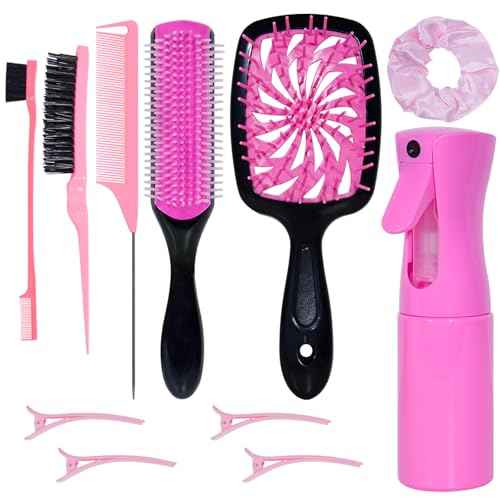 11 Pcs Hair Brush Set, Detangle Hair Brush And Spray Bottle, 3 Pieces Smooth Hairbrush For Toddlers, Suitable For Wet and Dry Hairstyles, Suitable For Adults And Children. (Pink)