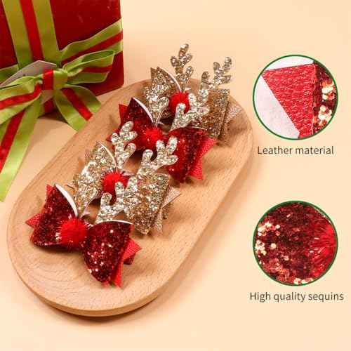4 Pcs Christmas Hair Clips for Kids Toddler Girls Cute Reindeer Antler Bows Barrettes Gold Red Sequins Hairpin Hair Accessories for Toddlers Women Birthday Party Favor Gifts (4 Pcs)