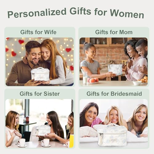 3Pcs Cotton Quilted Makeup Bag Large Travel Cosmetic Bag Coquette Makeup Pouch Cute Aesthetic Floral Toiletry Bag for Women Girls (flower-T)