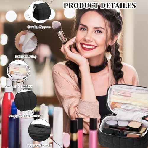 3 Pcs Large Puffy Makeup Bag Set Quilted Cosmetic Pouch for Women Cute Checkered Travel Toiletry Bag Puffer Makeup Organizer Purse Pouch Preppy Pencil Case with Zipper(Black)