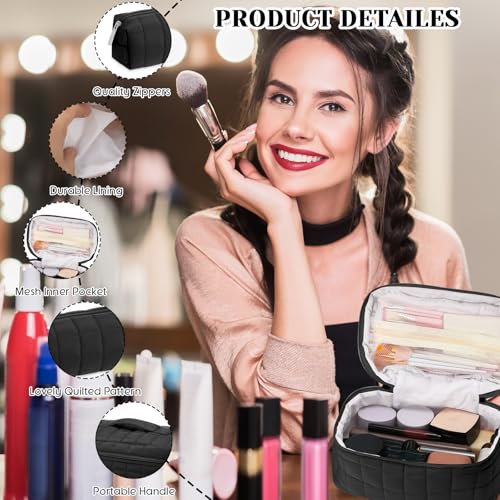 3 Pcs Large Puffy Makeup Bag Set Quilted Cosmetic Pouch for Women Cute Checkered Travel Toiletry Bag Puffer Makeup Organizer Purse Pouch Preppy Pencil Case with Zipper(Black)
