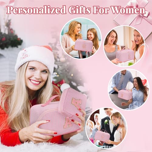 Travel Makeup Bag for Women, 2Pcs Portable Personalized Initial Makeup Organizer Bag, Open Flat Large Cosmetic Bag With Travel Essential Pouch (Pink Letter A)