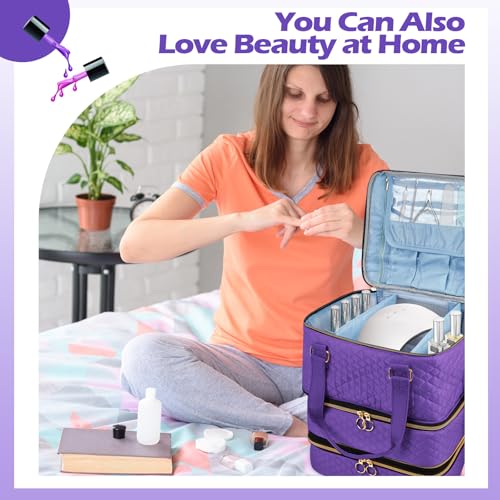 Nail Polish Organizer Case - Three Layer Nail Polish Storage Bag with Adjustable Dividers Holds 84 Bottles Nail Polish Nail Lamp Nail Kit Supplies Organizer Box - Purple