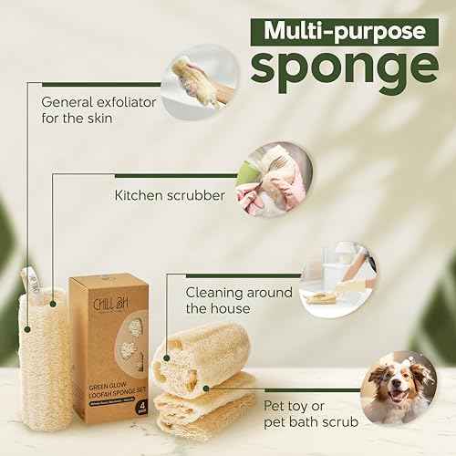 Chill Ah Natural Loofah Sponge Set ? 100% Plant-Based, Dye-Free, Biodegradable Bath Exfoliator for Glowing Skin ? Handcrafted in Vietnam (4-Pack)