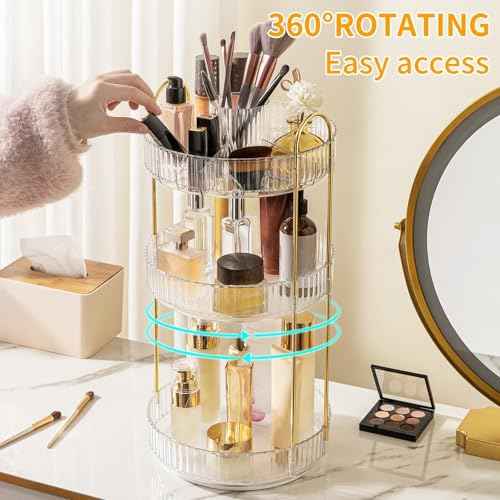 360¡Æ Rotating Makeup Organizer, Large-Capacity Skincare Make Up Storage 3 Tier Perfume Organizers Cosmetic Dresser Organizer with Makeup Brush Holder, Fits Bedroom, Bathroom, Vanity Shelf Countertop