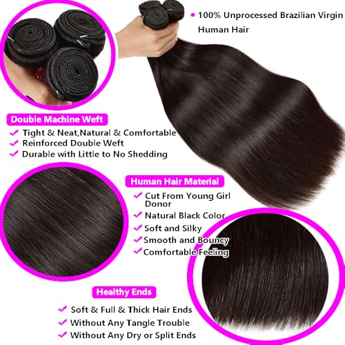 Straight Human Hair bundles 12A Grade 100% Unprocessed Brazilian Virgin Human Hair Weave 3 Bundles Deals Human Hair18 20 22 Inch Human Hair Bundles Natural Black Color