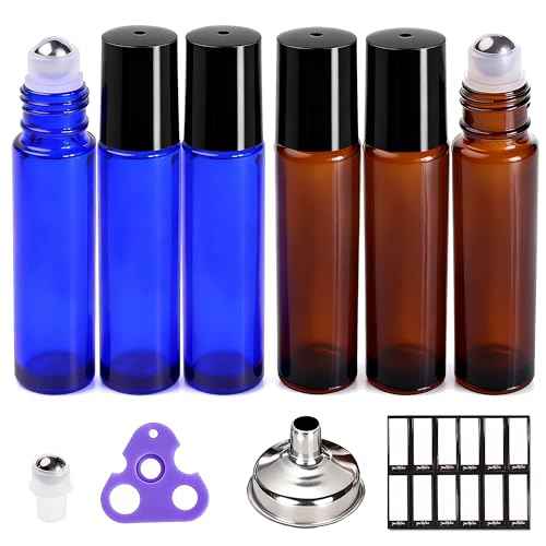 PrettyCare Essential Oil Roller Bottles 6-Pack, 10ml Amber & Blue Glass Bottles with Leakproof Caps & Funnel, Empty Refillable Containers for Aromatherapy, Perfume, Gift Making