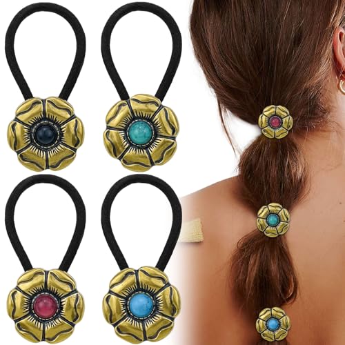 4Pcs Western Ponytail Holders Metal Boho Hair Ties Flower Hair Ropes Vintage Turquoise Concho Gold Hair Bands Decoration Accessories for Women Girls