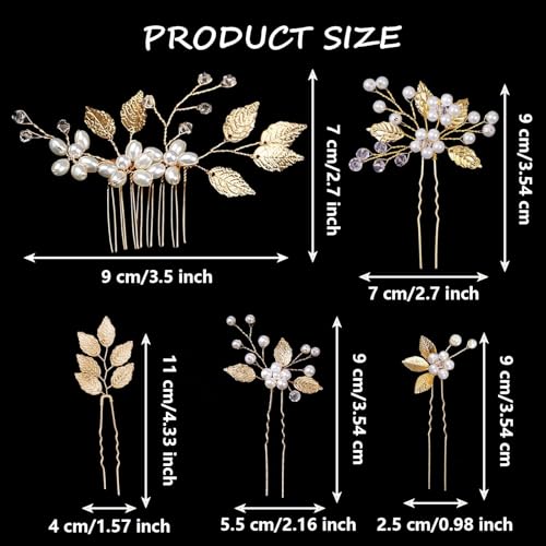 10PCS Gold Leaf Wedding Hair Pins Rhinestone Pearl Hair Jewelry Accessories Crystal Vintage Wedding Hair Styling Pins for Brides Bridesmaids and Flower Girls