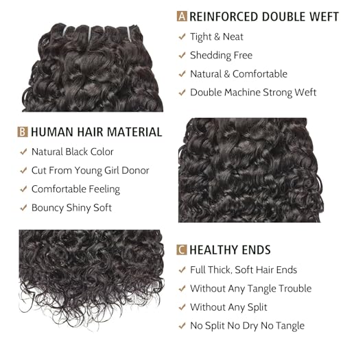 Wequeen 16A Deep Wave Human Hair Bundles 14 16 18 Inch 100% Unprocessed Brazilian Virgin Hair Quick Weave Bundles Human Hair Extensions Real Human Hair, Natural Black